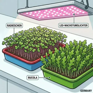 Step-by-step visual showing dense seed distribution on a wet grow pad inside a hydroponik microgreens system tray.