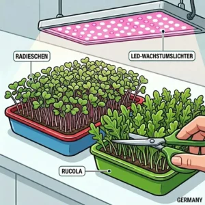 Sharp scissors harvesting fresh broccoli and radish sprouts from a mature home kitchen hydroponik microgreens system.