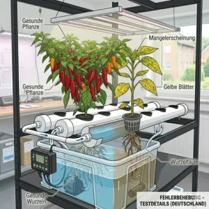 Fehlerbehebung bei Mangelerscheinungen im hydroponik chili system test für gesunde Pflanzen.
