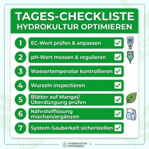 Eine tägliche Checkliste für Züchter, die in der Hydroponik Überdüngung vermeiden möchten.
