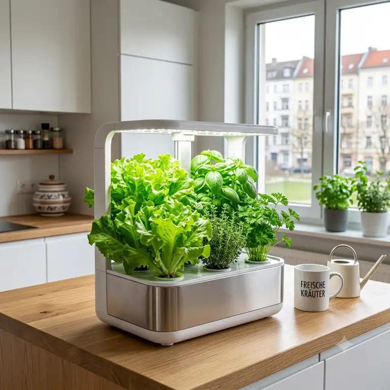 Ein modernes apartment hydroponik systeme mit frischem Salat und Kräutern in einer hellen Küche.