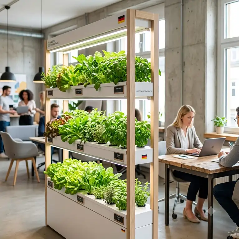 Modernes hydroponik büro system als Raumteiler in einem hellen, offen gestalteten Office.