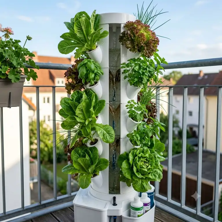 A featured image showing a modern vertical balcony gardening system as one of the best hydroponik platzsparend lösungen.