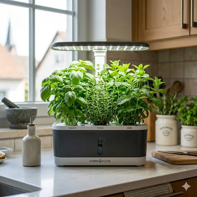 Ein modernes Smart-Gartengerät auf der Küchentheke während dem hydroponik küche system test