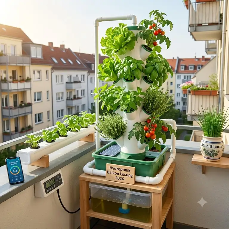 Modernes Hydroponik-Balkon-System als platzsparende Loesung fuer den urbanen Gartenbau im Jahr 2026.hydroponik balkon lösung 2026
