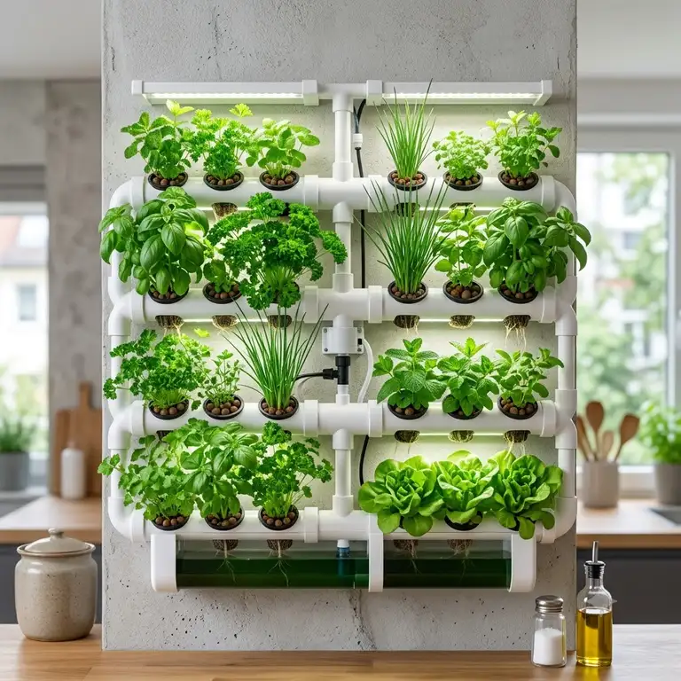 Ein modernes hydroponik wandgarten system an einer Wohnzimmerwand voller grüner Kräuter und Pflanzen.