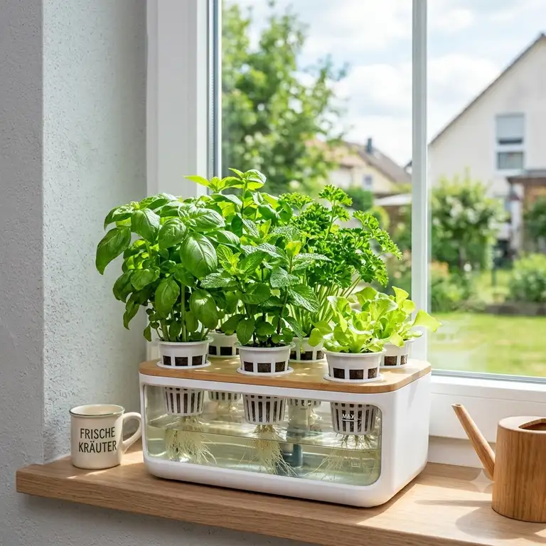 A thriving hydroponik windowsill system with lush green herbs growing in a bright, sunny kitchen window.