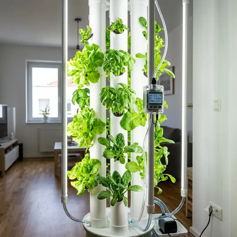 Übersichtsbild eines hydroponik indoor tower test mit frischem Gemüse in einem Wohnraum.