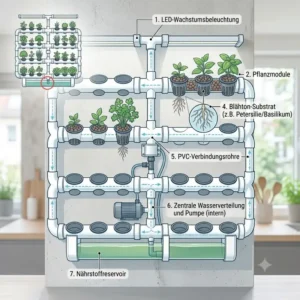 Infografik über den Aufbau von einem hydroponik wandgarten system mit Wassertank, Pumpe und Pflanzschalen.