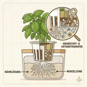 Labeled diagram of a hydroponik windowsill system showing the water reservoir, net pots, and growing medium.