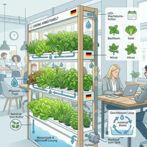 Infografik zur Funktionsweise von einem hydroponik büro system mit Wassertank und Nährstoffkreislauf.