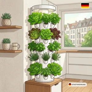 Vertikales apartment hydroponik systeme für platzsparenden Gemüseanbau auf dem Balkon.