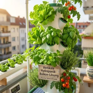 Vertikale Hydroponik-Balkon-Loesung fuer kleine Stellflaechen mit frischem Salat und Krautern.