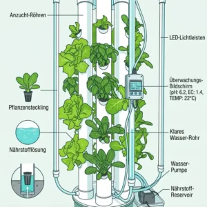 Technisches Diagramm der Komponenten für einen hydroponik indoor tower test.