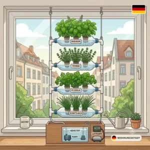 DIY apartment hydroponik systeme am Fenster für frische Kräuter in der Wohnung.