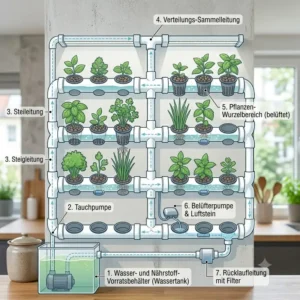Illustration des Nährstoff- und Wasserkreislaufs in einem vertikalen hydroponik wandgarten system.