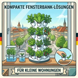 A detailed illustration of a compact window sill device representing indoor hydroponik platzsparend lösungen.
