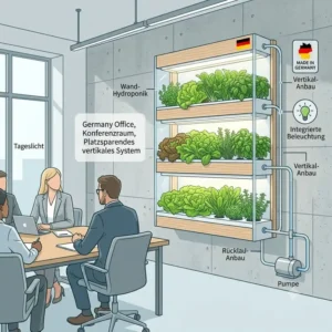 Platzsparendes, vertikales hydroponik büro system an einer Konferenzraum-Wand.