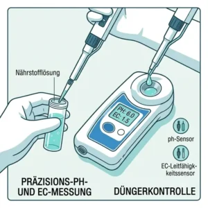 Durchführung einer pH- und Nährstoffmessung bei einem hydroponik indoor tower test.