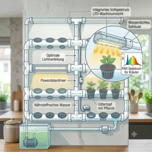 Darstellung von einem hydroponik wandgarten system mit integrierten LED-Pflanzenlampen für optimales Wachstum.