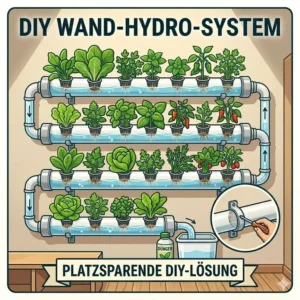An illustration of a DIY wall-mounted PVC pipe system for home hydroponik platzsparend lösungen.
