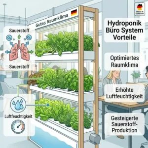 Illustration der Vorteile eines hydroponik büro system für besseres Raumklima und höhere Luftfeuchtigkeit am Arbeitsplatz.