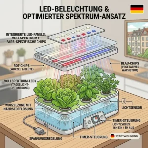 Illustration eines apartment hydroponik systeme mit LED-Pflanzenlampen für dunkle Räume.