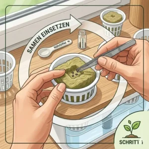 Close-up illustration of placing seeds into a rockwool cube for a hydroponik windowsill system starter kit.