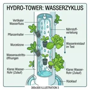 Illustration des vertikalen Wasserkreislaufs während eines hydroponik indoor tower test.