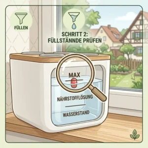 Line art illustration of pouring liquid nutrient solution into a windowsill hydroponik windowsill system reservoir.