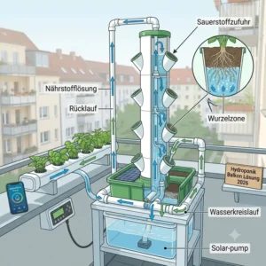 Diagramm zum geschlossenen Nahrstoffkreislauf einer nachhaltigen Hydroponik-Balkon-Loesung.