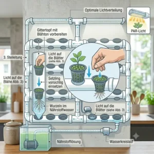 Nahaufnahme beim Einsetzen von Setzlingen in die Gittertöpfe für ein hydroponik wandgarten system.