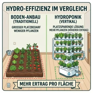 A comparison infographic showing soil vs. hydroponics, highlighting the yield benefits of hydroponik platzsparend lösungen.