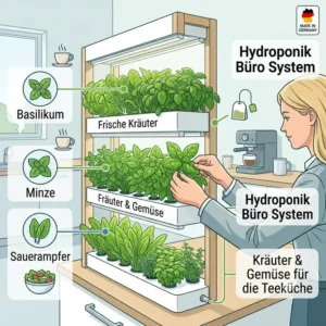 Mitarbeiter ernten frische Kräuter aus einem kompakten hydroponik büro system in der Teeküche.