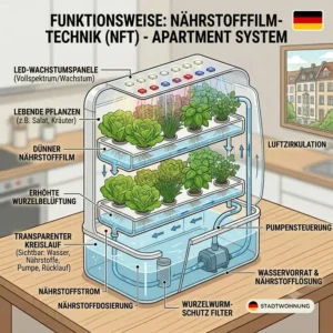 Infografik zur Funktionsweise von apartment hydroponik systeme mit Nährstoffkreislauf.