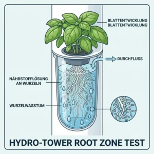 Schnittdarstellung der Wurzelentwicklung bei einem hydroponik indoor tower test.