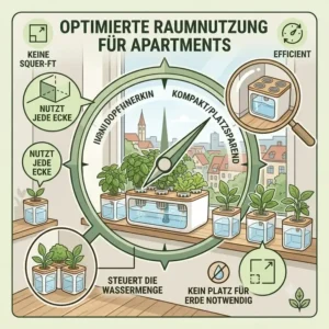 Graphic showing how a compact hydroponik windowsill system easily fits on narrow city apartment window ledges.
