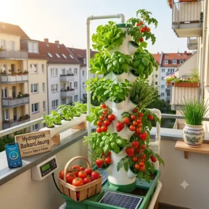 Ertraegliche Hydroponik-Balkon-Loesung mit reifen Erdbeeren und Tomaten im Sommer.