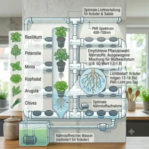 Illustration von verschiedenen Kräutern und Salaten, die sich für ein hydroponik wandgarten system eignen.