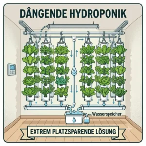 An illustration of a space-saving hanging ZipGrow-style system for innovative hydroponik platzsparend lösungen.