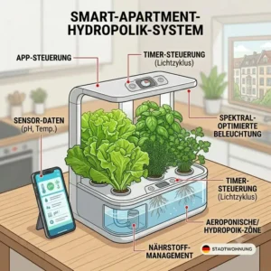 Ein smartes, App-gesteuertes apartment hydroponik systeme auf einer Küchenarbeitsplatte.