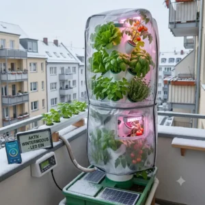 Ganzjaehrige Hydroponik-Balkon-Loesung mit LED-Wachstumslicht und Wetterschutz.