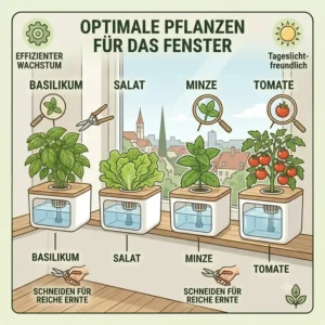 Colorful illustration featuring basil, lettuce, and mint ideal for a home hydroponik windowsill system.