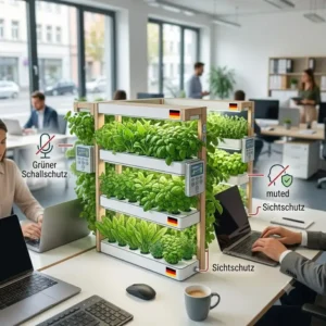 Ein hydroponik büro system im Einsatz als grüner Schallschutz und Sichtschutz zwischen zwei Schreibtischen.
