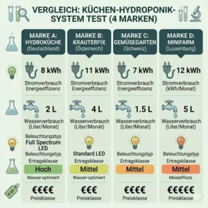 Vergleichstabelle zu Stromkosten und Wasserverbrauch verschiedener Marken im hydroponik küche system test