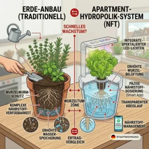 Vergleich von Pflanzenwurzeln in Erde und in einem apartment hydroponik systeme.