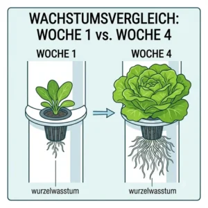 Wachstumsvergleich der Pflanzen nach 4 Wochen in einem hydroponik indoor tower test.