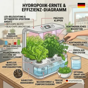Ernte von frischem Basilikum aus einem kompakten apartment hydroponik systeme in einer Stadtwohnung.