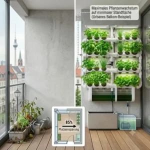 Illustration von einem platzsparenden hydroponik wandgarten system auf einem kleinen urbanen Balkon.