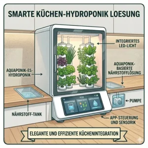 An illustration of a smart-home integrated kitchen herb garden solution representing futuristic hydroponik platzsparend lösungen.